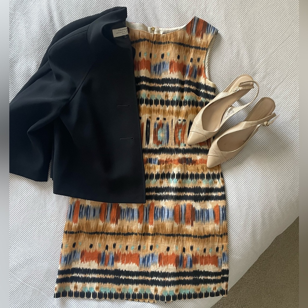Tahari Multicolored Aztec Tribal Print Linen Blend Dress 6P EUC